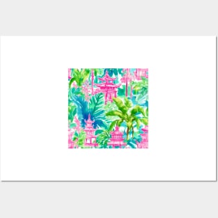 Preppy pink and green pagoda garden watercolor Posters and Art